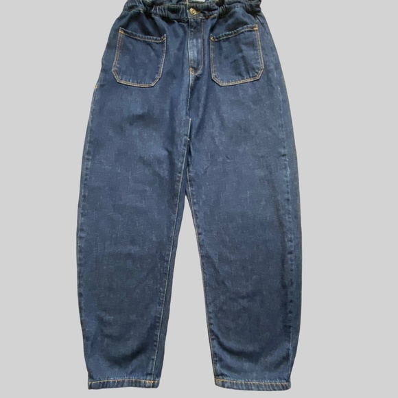 Zara Z1975 Dark Denim High Paperbag Waist Baggy Tapered Ankle Jeans-Sz 8 - Picture 1 of 16